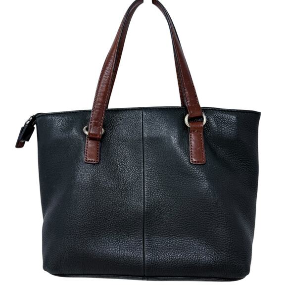 Vintage Fossil Black Leather Shoulder Bag Brown Leather Stitching Double Handles - Picture 4 of 6